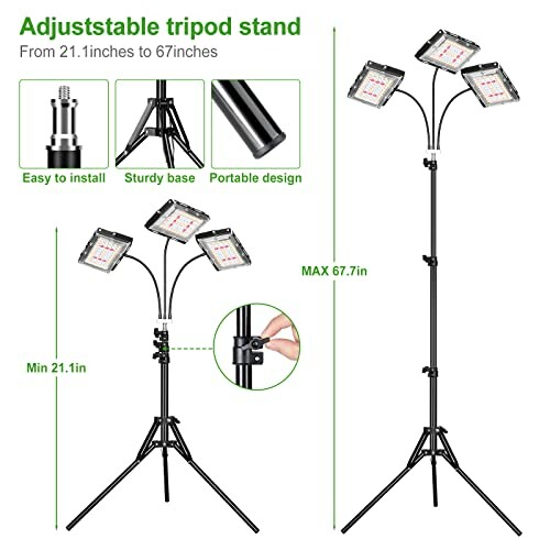 Adjustable tripod stand with multiple light attachments and height options.