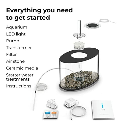 Aquarium starter kit with components including LED light, pump, and filter.