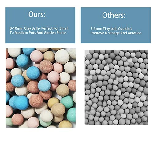 Comparison of colored clay balls and small gray balls for gardening.