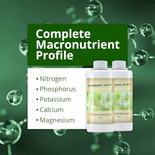 Nutrient bottles with macronutrient list: Nitrogen, Phosphorus, Potassium, Calcium, Magnesium.