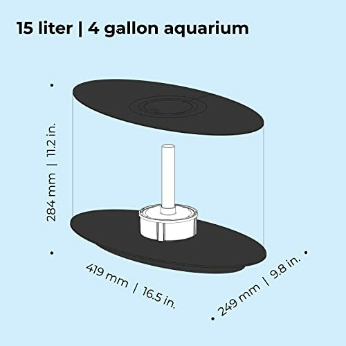 Diagram of a 15-liter, 4-gallon cylindrical aquarium with dimensions.
