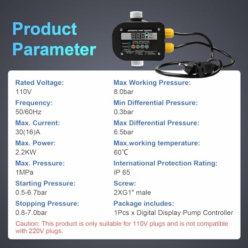 Digital display pump controller with technical specifications and caution note.