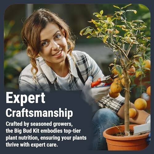 Woman pruning plant with text about expert craftsmanship.
