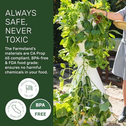 Person tending to a lush vertical garden with safety and compliance labels.