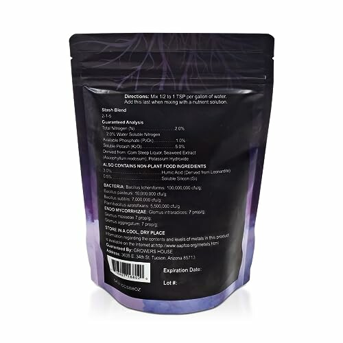 Back view of a fertilizer package with instructions and ingredients.