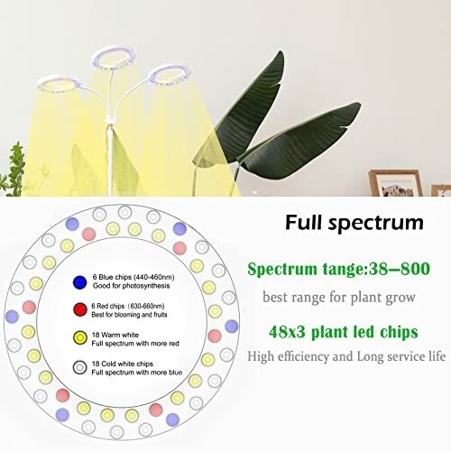 Diagram and description of full spectrum LED plant grow light with blue, red, and white chips.