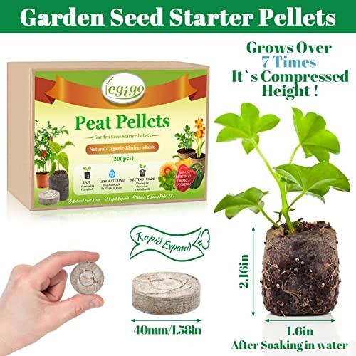 Garden seed starter pellets with plant growth demonstration.