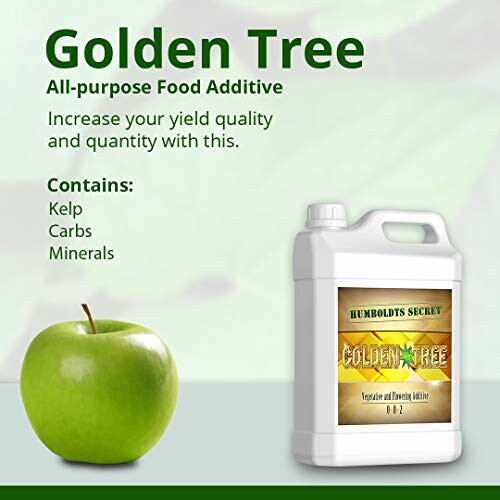 Golden Tree all-purpose food additive with green apple and product container.