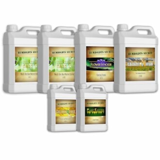 Humboldts Secret nutrient bottles for plant growth.