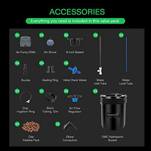 Hydroponic system accessories including air pump, air stone, basket, tubing, and more.