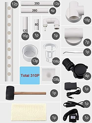 Assorted hydroponic system parts including pipes, connectors, and accessories.