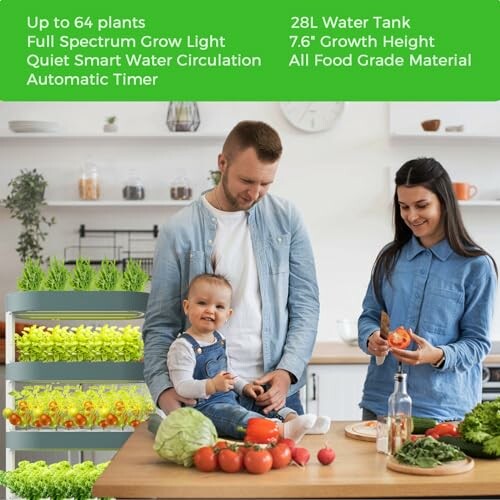 Family using an indoor garden system with a child sitting on a counter surrounded by fresh vegetables.