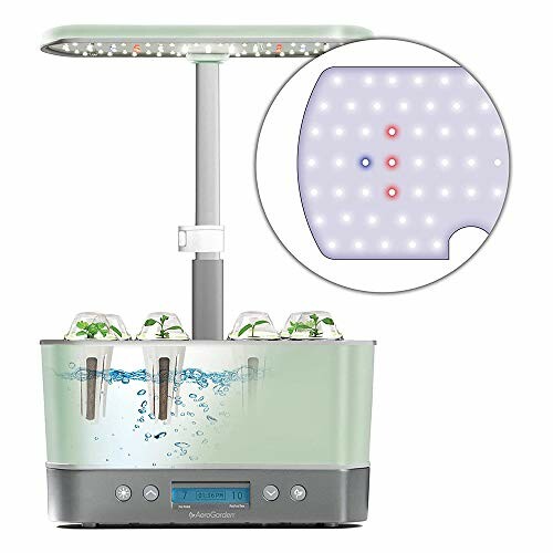 Indoor hydroponic garden system with LED lights and plant growth.
