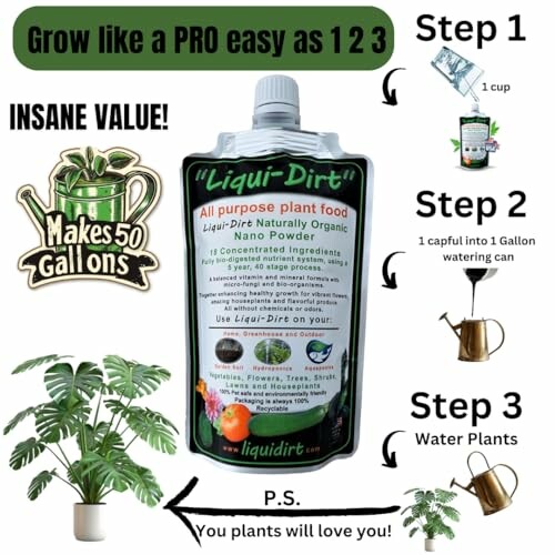 Liquid plant food instructions with steps for use.