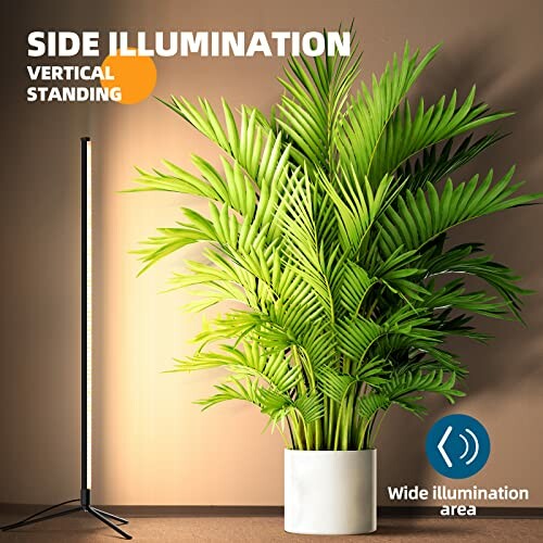 Tall modern lamp with side illumination next to a potted green plant.