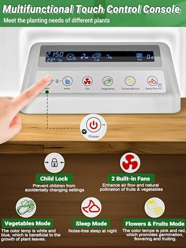Multifunctional touch control console for plant care with various modes.