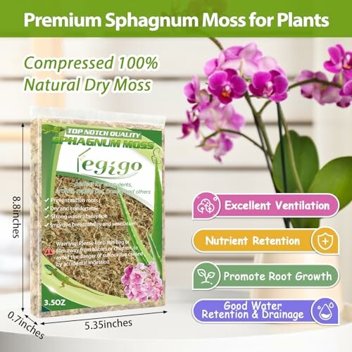 Package of compressed sphagnum moss with features highlighted: excellent ventilation, nutrient retention, promote root growth, and good water retention and drainage.