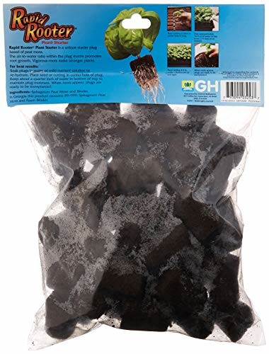 Bag of Rapid Rooter plant starter plugs with root growth examples on packaging.