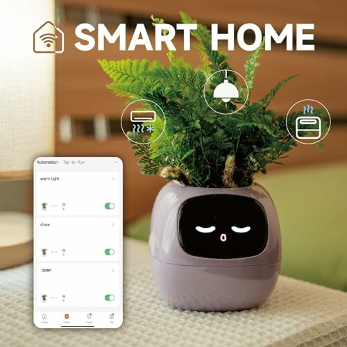 Smart home device with plant and smartphone app interface.