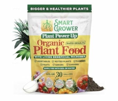 Smart Grower Organic Plant Food packaging with beneficial microbes for various plants.