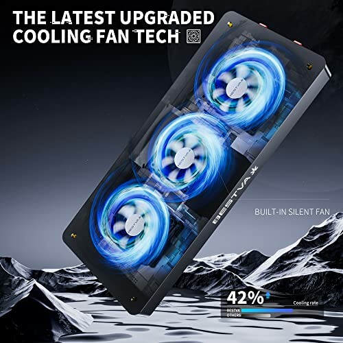 Cooling fan with blue LED lights, featuring latest technology and 42% cooling rate.