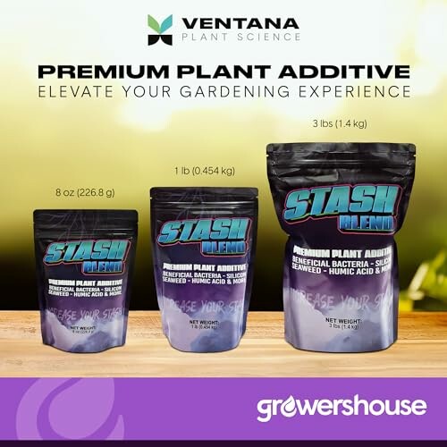 Ventana premium plant additive packaging in three sizes.