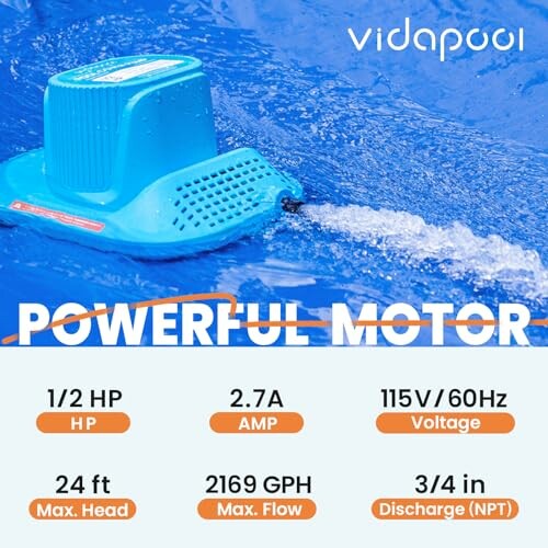 Blue Vidapool pump in water with specifications: 1/2 HP, 2.7A, 115V/60Hz, 24 ft Max Head, 2169 GPH Max Flow, 3/4 in Discharge (NPT).