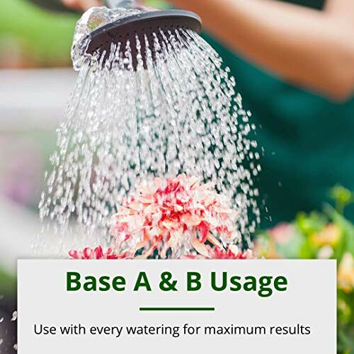 Watering flowers with a sprinkler, featuring text about Base A & B usage.